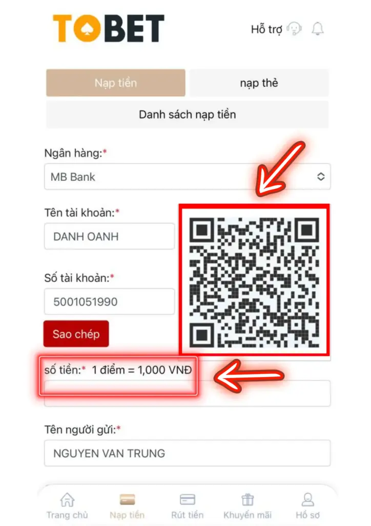 HƯỚNG DẪN NẠP TIỀN TOBET 2