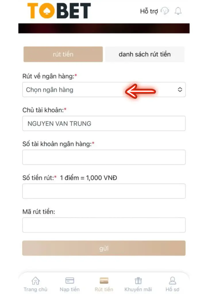 Rút Tiền TOBET 1